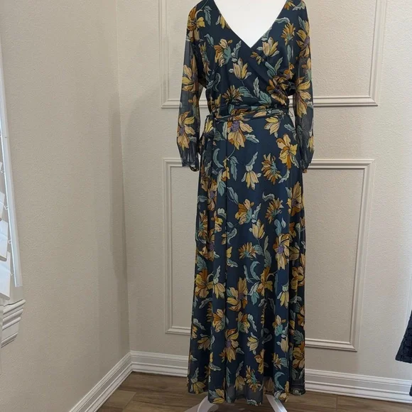 Floral Wrap overlayed Maxi Dress 3/4 sleeve in Teal and Mustard✨Large - Picture 2 of 8